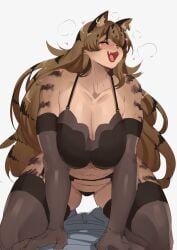 2022 anthro anthro_focus anthro_on_top armwear big_breasts black_bra black_clothing black_underwear blush bottomwear bra breasts brown_body brown_fur brown_hair clothed clothing curvy_anthro curvy_female curvy_figure digital_drawing_(artwork) digital_media_(artwork) duo ear_piercing ear_ring elbow_gloves fangs felid feline female female_anthro female_focus female_on_top fingers first_person_view fur garter_straps gloves hair handwear heart_symbol inner_ear_fluff legwear lingerie male male/female male_pov mammal markings narrowed_eyes on_top open_mouth open_smile pants piercing ring_piercing shirt simple_background smile solo_focus stormcow striped_body striped_fur striped_markings stripes teeth thick_thighs thigh_highs topwear tuft underwear white_background