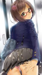 3: 3:< ass bag bangs blazer blush bob_cut brown_hair bukkake closed_mouth cowboy_shot cum cum_on_ass cum_on_clothes eyebrows_visible_through_hair female flower from_behind glasses glint green_eyes grey_skirt hair_flower hair_ornament highres idolmaster idolmaster_cinderella_girls jacket kuria_(clear_trip_second) looking_at_viewer looking_back maekawa_miku panties pink-framed_eyewear pink_flower pink_panties pleated_skirt school_bag school_uniform short_hair shoulder_bag skirt solo swept_bangs thighs train_interior underwear