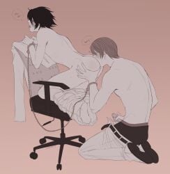 2boys anilingus armpit_hair bags_under_eyes barefoot black_hair brown_hair chains chair closed_eyes cuffs death_note english_text erection face_in_ass gay handcuffs highres l_lawliet light_yagami male male_focus male_masturbation male_only male_underwear masturbation monochrome multiple_boys open_mouth pants_around_ankles partially_undressed penis short_hair speech_bubble swivel_chair thanatelle uncensored underwear yaoi