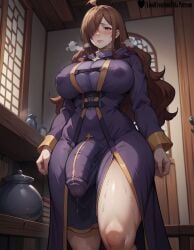 absurd_res ahoge ai_generated breasts brown_hair bulge bulge_through_clothing covered_nipples curvy curvy_figure dickgirl dickgirl/female embarrassed embarrassed_futa female flaccid flaccid_penis futa_only futa_sans_pussy futadom futanari heavy_breathing high_resolution highres huge_balls huge_breasts huge_cock kono_subarashii_sekai_ni_shukufuku_wo! large_breasts lewdcreationsfuta looking_at_viewer mature mature_female mature_woman penis penis_bulge penis_out precum precum_drip precum_on_penis precum_string precum_through_clothing purple_robe robes sexually_suggestive solo solo_female solo_focus solo_futa steam steaming_body steamy_breath sweat sweatdrop sweating tagme thick thick_ass thick_legs thick_thighs thighs veiny veiny_penis wiz_(konosuba) yellow_eyes