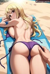 ai_generated beach beach_towel big_breasts bikini blonde_hair breast_press brown_eyes fairy_tail female hand_on_butt long_hair loose_bikini lucy_heartfilia omega-weirdo open_bikini patreon pov_hands smile tanning tattoo towel