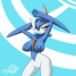 2019 3_fingers anthro areola artist_name big_breasts breasts chest_horn digital_media_(artwork) english_text eyebrows eyelashes female fingers gallade generation_4_pokemon genitals hair hi_res latiar nintendo nipples nude number one_eye_closed open_mouth pokemon pokemon_(species) pokemorph pupils pussy red_eyes shiny_pokemon simple_background solo standing text tongue white_sclera white_text wide_hips