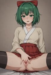 1girls ai_generated black_thigh_socks black_thighhighs female female_masturbation female_only fingering fingering_pussy fingering_self green_eyes green_hair hairbow hakama_skirt kitsune_no_yomeiri_(vocaloid) mai_shishikusa masa_works_design masturbating mjdennsfw oni_to_kitsune_no_hanashi open_mouth pussy_juice pussy_play red_bow red_skirt solo solo_female spread_legs thighhighs white_kimono