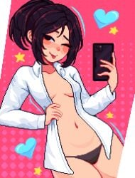 2020s 2024 artist_self-insert asian_female black_panties collarbone hand_on_waist holding_phone no_bra no_pants one_eye_closed panties pixel_art selfie solo sultry_eyes tongue_out unbuttoned_shirt underwear undressing yumy_(yumyverse) yumykon