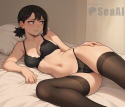 1girls ai_generated barrette black_lingerie black_stockings bra chainsaw_man curvaceous curvy curvy_figure higashiyama_kobeni lingerie looking_away lying medium_breasts on_bed on_side panties seacreator stockings thong wide_hips