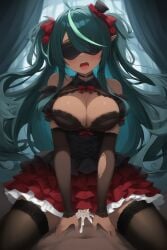 ai_generated cowgirl_position cum_inside dress ejaculation female genitals hatsune_miku huge_breasts indoors large_breasts oc spread_legs tagme wide_hips