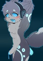 1boy 2d 2d_(artwork) 2d_artwork ahe_gao anthro blue_fur bondage cum_drip dark_fur femboy furry glowing headset hi_res jammer_(kaiju_paradise) kaiju_paradise kemono male penetration roblox roblox_game self_upload source_request wolf yamantauwu