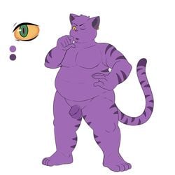 anthro balls color_swatch eroborus feline flaccid flat_colors front_view hi_res leliel male mammal model_sheet moobs musclegut nude one_eye_closed overweight penis purple_balls simple_background solo solo_male standing uncut warrior white_background