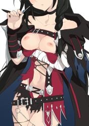 belts black_hair breasts_out eyes_out_of_frame female_focus large_breasts long_hair morisobo shirt_pull short_skirt tales_of_(series) tales_of_berseria velvet_crowe white_background