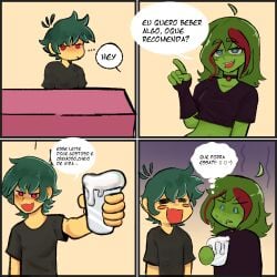 comic female funny green_hair male mob_face not_porn oc original original_character portuguese_text semen