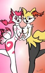 2girls anthro bluetitbird braixen breasts breasts_together female_only fortnite fox fox_girl fox_tail furry holding_hands kimiko_(fortnite) kimiko_five_tails medium_breasts multiple_tails nipples_touching nude nude_female one_leg_raised pink_eyes pink_hair pink_nipples pokemon pokemon_(species) red_eyes red_nipples side_view tagme white_body white_fur wink yellow_body yellow_fur