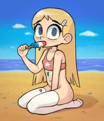 aged_up belly belly_button blush breasts cleavage clothed clothing erect_nipples erect_nipples_under_clothes erection erection_under_clothes hair hairclip hilda_(series) kelly_(hilda) leggings legs legwear marra netflix nipples popsicle star teenager thighhighs thighs yep_melon