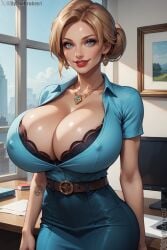 1girls ai_generated blonde_hair breasts bythebrokenone cassie_cannons gigantic_breasts glasses grey_eyes indoors looking_at_viewer medium_hair meet_'n'_fuck_games nai_diffusion nipple_bulge office office_lady orange_hair ponytail red_lipstick skirt solo stable_diffusion standing