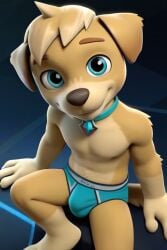 1boy ai_generated animal_ears blonde_hair blue_eyes briefs bulge collar dog_boy dog_ears dog_tail furry furry_male gay looking_at_viewer luxeraora10 male_focus male_only male_swimwear male_underwear navel paw_patrol sitting smile solo swim_briefs tail topless_male tuck_(paw_patrol) underwear