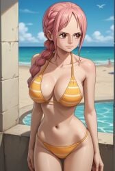 ai_generated bikini bikini_bottom bikini_top breasts brown_eyes female female_only midriff navel one_piece pink_hair rebecca_(one_piece) robinlover tagme