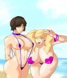 ann_takamaki beach big_ass big_breasts big_butt bikini bikini_top blonde_hair makoto_niijima micro_bikini persona persona_5 persona_5_royal rathart twintails two_girls