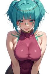 1girls ai_generated aqua_eyes aqua_hair bare_shoulders blunt_bangs blush breasts circlet covered_nipples dress ergonomic_hero_(vocaloid) facial_mark female female_only gold_circlet hair_ornament hair_tie hatsune_miku jewelry large_breasts looking_at_viewer maha_no_hanashi masa_works_design milua mv_character pantyhose self_upload short_twintails simple_background sleeveless sleeveless_dress smile solo solo_female sweat tattoo teal_hair twintails vocaloid white_background