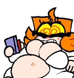 1girls animated belly belly_button belly_expansion belly_inflation big_belly big_breasts bursting_clothes cartoony chubby concerned concerned_look cute edit fat fat_fetish fatty female female_only freckles game_sprite glasses heavy_breathing hyper_belly inflation lab_grown_(lachevite) labcoat laboratory lachevite massive_belly orange_hair original_character overweight pixel_animation pixel_art remote remote_control scared_expression simple_artstyle solo solo_female stomach_inflation sweat sweatdrop sweaty swirly_eyes swirly_glasses transparent_background yellow_eyes