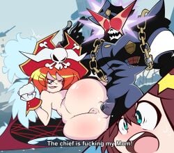 1boy 2girls anus blue_eyes breasts brown_hair english_text fat_ass glasses huge_ass lalaco_godspeed luluco mrcbleck orange_hair over_justice sex skull skull_head space_patrol_luluco text uchuu_patrol_luluco