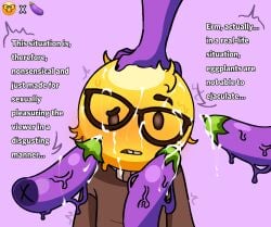 1boy after_blowjob basic_background basic_shading blush blushing_at_viewer blushing_male brown_eyes brown_sweater buckteeth cum cum_on_face cum_on_glasses cumshot eggplant eggplant_emoji emoji emoji_(race) erm_actually gay glasses glasses_askew glasses_on_face glasses_on_male hand_on_head localpuffpuff_(artist) nerd nerd_emoji nerdy nerdy_male self_upload sweater twink uninterested uninterested_male