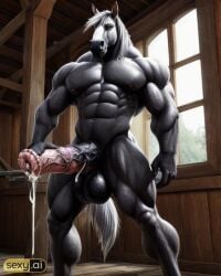 ai_generated anthro cum cumshot ejaculation equid equid_humanoid equine equine_genitalia equine_penis excessive_cum flared_penis furry genitals horse horse_penis horsecock huge_balls huge_cock male_only massive_balls massive_penis monster monster_cock muscular muscular_anthro muscular_male