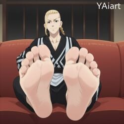 ai_generated barefoot blonde_hair draken_(tokyo_revengers) foot_fetish looking_at_viewer male_foot_fetish tokyo_revengers yaiart