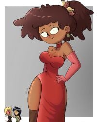 aged_up amphibia amphibia_(finale) anne_boonchuy autart big_breasts blush breasts brown_hair cleavage clothed dark-skinned_female dark_skin disney female human marcy_wu sasha_waybright