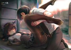 1boy absurdres admiral_(kantai_collection) artist_name bar_censor black_gloves black_hair blush bodysuit breasts brown_hair censored chromatic_aberration elbow_gloves female gloves grinding hairband hand_on_own_chest hatsuzuki_(kantai_collection) highres huge_filesize kantai_collection kneeling lying on_back pantyhose parted_lips penis pleated_skirt sabaku_no_tanuki sailor_collar sailor_shirt scan shirt short_hair skirt small_breasts straight sweat thighband_pantyhose underbust yellow_eyes