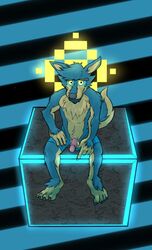 2015 4_toes 5_fingers anthro azul azul_(artist) balls blue_fur canine claws clothing digital_media_(artwork) fur humanoid humanoid_penis male male_only mammal neon_lights nude paws penis solo toes underwear wolf