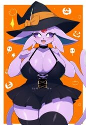 ai_generated anthro big_breasts eeveelution espeon female female_only halloween nai_diffusion nintendo novelai pokemon pokemon_(species) self_upload thick_thighs weedvee420 witch witch_costume witch_hat