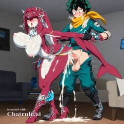 1boy 1girl ahegao ai_assisted ai_generated blush blush_stickers blushing bouncing_breasts cinematic_lighting claiming clevage cum_on_breasts cum_on_face cumming curvy_female dim_lighting dominant exploration fast fish_girl fucked_from_behind full_body green_bodysuit hard headgear huge_cock huge_load huge_male huge_tits intense izuku_midoriya knee_boots living_room long_penis looking_at_viewer messy_hair mipha panting pink_bodysuit pink_footwear pulsing red_skin release sex shiny_breasts shiny_skin skin_tight slamming spasming the_legend_of_zelda walking yellow_eyes zora