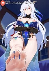 ai_generated breasts crossed_arms dress expressionless feet foot_fetish foot_focus from_below honkai:_star_rail hoyoverse jingliu_(honkai:_star_rail) long_hair primosan red_eyes revealing_clothes straight white_hair