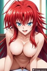 1boy 1girls ai_generated bedroom big_breasts blue_eyes evil_smile female high_school_dxd long_hair male naked omega-weirdo open_mouth patreon pubic_hair red_hair rias_gremory sex smile straddling