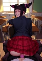 1boy 1girls ai_generated anus asian asian_female black_hair black_legwear blazer classroom clothed_female clothed_male clothed_sex condom cowgirl_position feet juri_han no_panties novelai penis pov purple_eyes ripped_stockings school_uniform sex skirt smug soles stockings street_fighter vaginal_penetration vaginal_sex