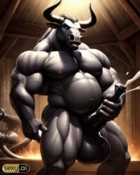 1boy ai_generated anthro bara beast bovine_humanoid cum cumshot equine_genitalia equine_penis fat fat_bastard fat_belly fat_man horns horse_penis horsecock male male_only massive_cock massive_penis minotaur monster monster_cock muscular muscular_anthro muscular_male penis solo