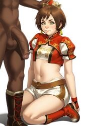 ai_generated black_skin blacked cfnm chinese_clothes clothed clothed_female clothed_female_nude_male dark-skinned_male dark_skin dynasty_warriors frown huge_cock koei_tecmo maou_alba muscular_male navel nervous nervous_expression pout romance_of_the_three_kingdoms seelenwanderer_(artist) shorts small_breasts sun_shang_xiang