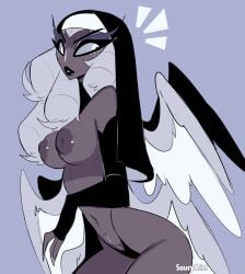 angel angel_humanoid blush breasts clothed clothing dark_body dark_skin feathers female hair halo hazbin_hotel hi_res humanoid mature_female nipples nun nun's_habit nun_outfit open_mouth open_smile partially_clothed saucymist sera_(hazbin_hotel) seraph_(angel) simple_background smile solo thick_thighs white_body white_feathers white_hair wings