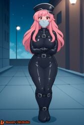 ai_generated asphyxiation bleach:_the_thousand-year_blood_war bondage bound_ankles bound_arms bound_legs looking_at_viewer meninas_mcallon over_the_nose_gag pink_eyes pink_hair sternritter straitjacket tape_gag