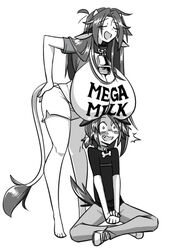 breasts cow_ears cow_girl cow_horns cow_tail cowbell dog_collar dog_ears dog_tail female huge_breasts male matsu-sensei matt_(matsu-sensei) mattie_(matsu-sensei) mega_milk monochrome top_heavy