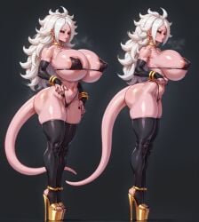 1girls ai_generated android_21 big_lips bikini bikini_bottom bikini_top bimbo bimbo_body bracelet bracelets dragon_ball ear_piercing earrings female female_only high_heels hoop_earrings hourglass_figure hyper_breasts majin_android_21 white_hair