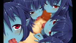 1boy 4girls blue_hair blue_skin censored collaborative_fellatio fellatio handjob looking_at_viewer monster_girl multiple_girls oral penis pov red_eyes teamwork tokyo_tenma_devil_prison tongue wink