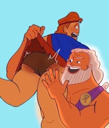 2boys ass blue_background butt_focus disney fully_clothed hercules_(character) hercules_(disney) looking_back male_only no_visible_genitalia over_shoulder over_the_shoulder over_the_shoulder_spanking skirt_lift spanked_butt spanking tvfish-art zeus zeus_(hercules)