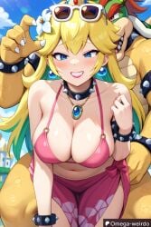 1girl1boy ai_generated big_breasts bikini blonde_hair blue_eyes bowser choker earrings female hair_ornament interspecies_sex lipstick long_hair male male/female mario_(series) necklace omega-weirdo patreon princess_peach smile sunglasses_on_head super_mario_bros. tiara