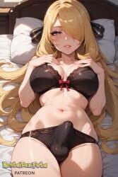 1futa ai_generated black_bra black_panties blonde_hair blush bow bow_panties bra breasts bulge bulge_through_clothing cleavage collarbone cynthia_(pokemon) erect_penis erection erection_under_clothes futa_only futa_sans_pussy futanari grey_eyes hair_ornament hair_over_one_eye hentaidex hentaidexfuta huge_cock large_breasts lips long_hair looking_at_viewer lying mole mole_on_breast navel on_back on_bed panties parted_lips pillow pokemon smile solo underwear underwear_only very_long_hair