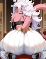 ai_generated android_21 ass ass_focus behind_view black_sclera clothed clothing dragon_ball dragon_ball_fighterz earrings heels hoop_earrings long_hair majin_android_21 pants pink_body pink_skin pointy_ears red_eyes twerking white_hair