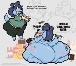 1girls anthro ass belly blue_fur blue_hair cake canine canine canine_humanoid cellulite dessert eating eating_food english_text fat female female_focus female_only fork furry headband hips hyper_ass large_ass lita_(fawxen) messy overweight overweight_female plate rushrabbit slob stomach sweater tailwag text thick_thighs thighs weight_gain wide_hips