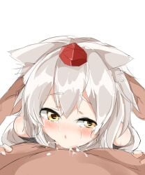 1boy animal_ear_fluff animal_ears blush commentary_request crying crying_with_eyes_open cum cum_in_mouth deepthroat fellatio female grey_hair hat highres houkai_(collapse_illust) inubashiri_momiji irrumatio looking_at_viewer open_mouth oral penis pov pov_crotch pov_hands red_hat short_hair simple_background solo_focus straight tears textless_version tokin_hat touhou white_background wolf_ears wolf_girl yellow_eyes