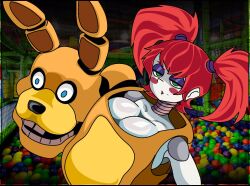 animatronic big_breasts blush costume eleanor_(fnaf) five_nights_at_freddy's hair lotxolt ponytails red_hair robot robot_girl yellow_rabit_costume_(fnaf)