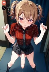 1futa ai_generated big_penis blush brown_hair clothed dickgirl embarrassed foreskin from_above futa_only futanari grisaia_(series) grisaia_no_kajitsu huge_cock indoors irisu_makina light-skinned_futanari light_skin precum purple_eyes roxygtf semi-erect small_breasts solo standing sweat sweating sweaty_body twintails viewed_from_above