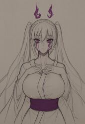 1girls ai_generated big_breasts female female_only hands_on_breasts kimono masa_works_design mjdennsfw no_humans oni_to_kitsune_no_hanashi purple_blood purple_sash safe_for_work self_upload sfw sketch solo solo_female the_onibi twintails